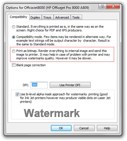 Printer Options Dialog, Compatibility mode.